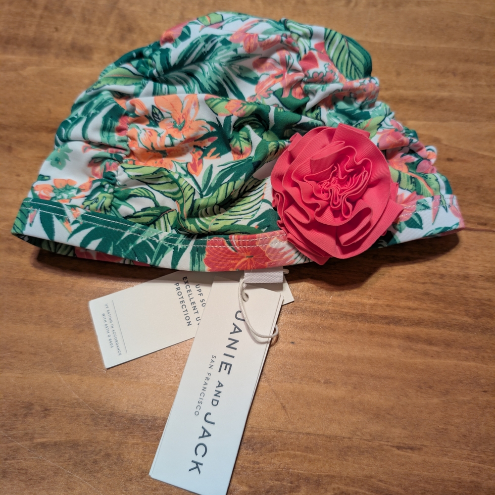 Janie and Jack Tropical Floral Ruffled Cap with Pink Flower 6-12 Mths